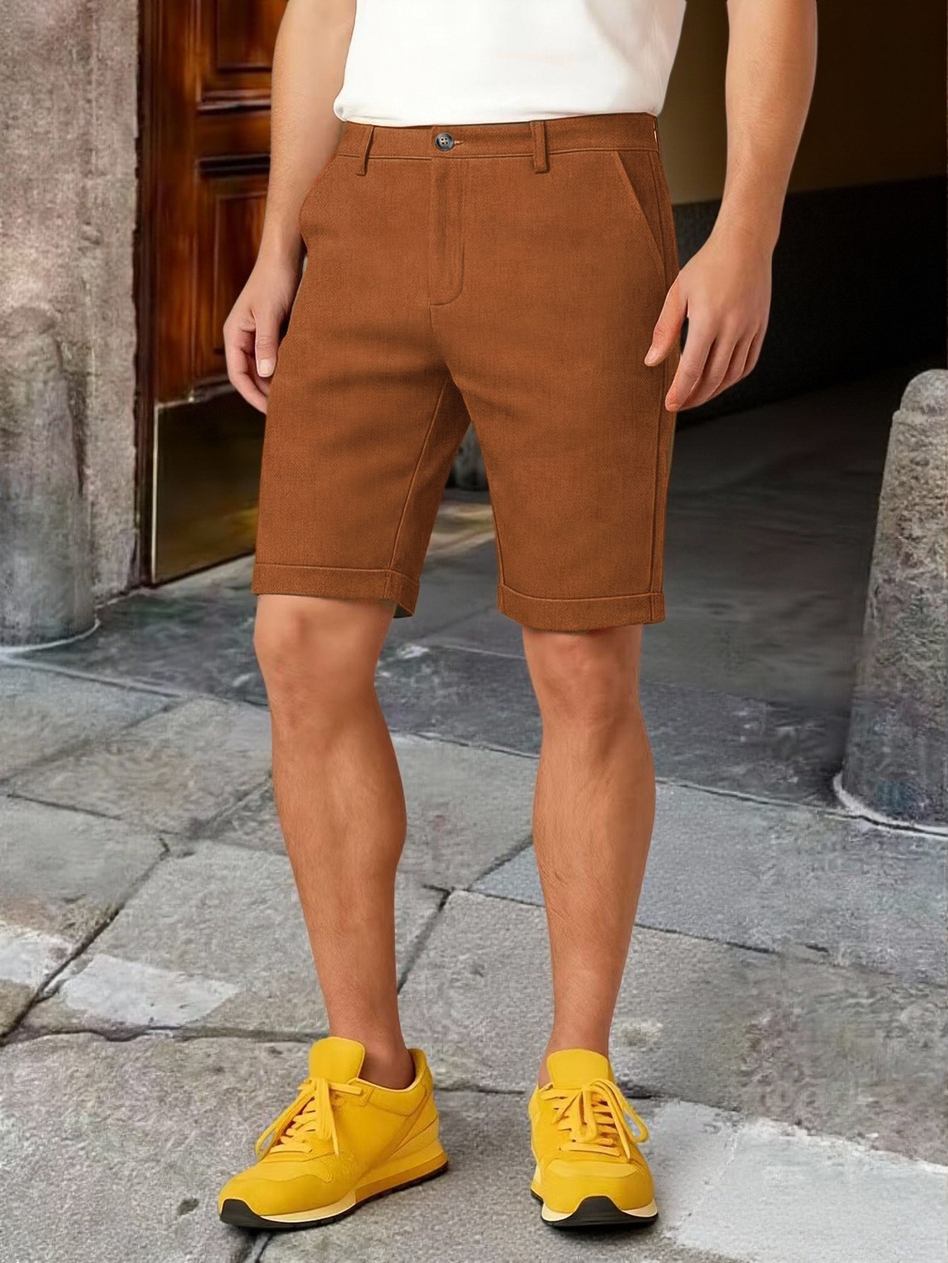 Men Cuffed Hem Knee Length Chi - Shorts Chino Slim 评论和价格