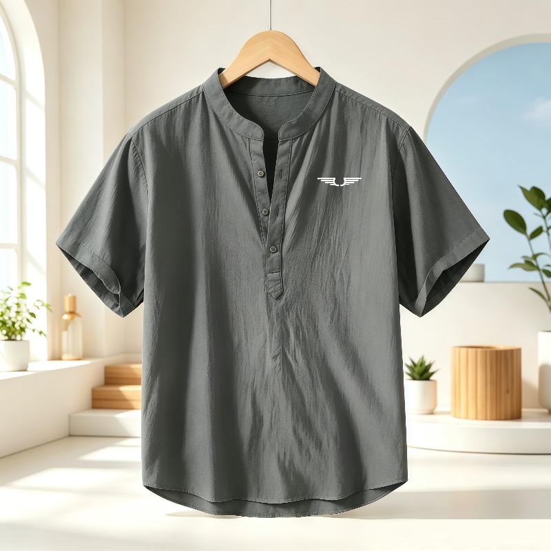 Men's cotton and linen Henley  - Linen Shirt Breathable 评论和价格