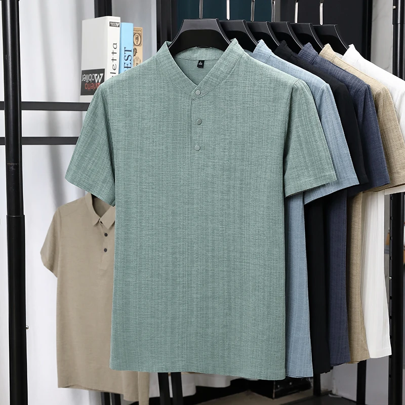 Mens Mandarin Collar Half Plac - Linen Shirt Breathable 评论和价格