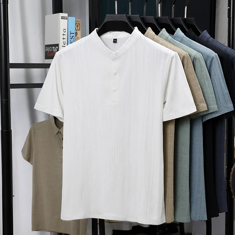 Mens Mandarin Collar Half Plac - Linen Shirt Breathable 评论和价格