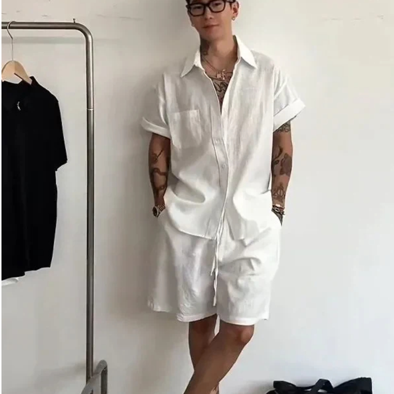 Mens Linen Cotton 2 Piece Set  - Linen Shirt Breathable 评论和价格