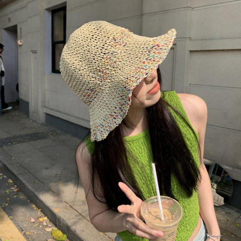 Women Hand Woven Rainbow Straw - Bucket Hat Straw 评论和价格
