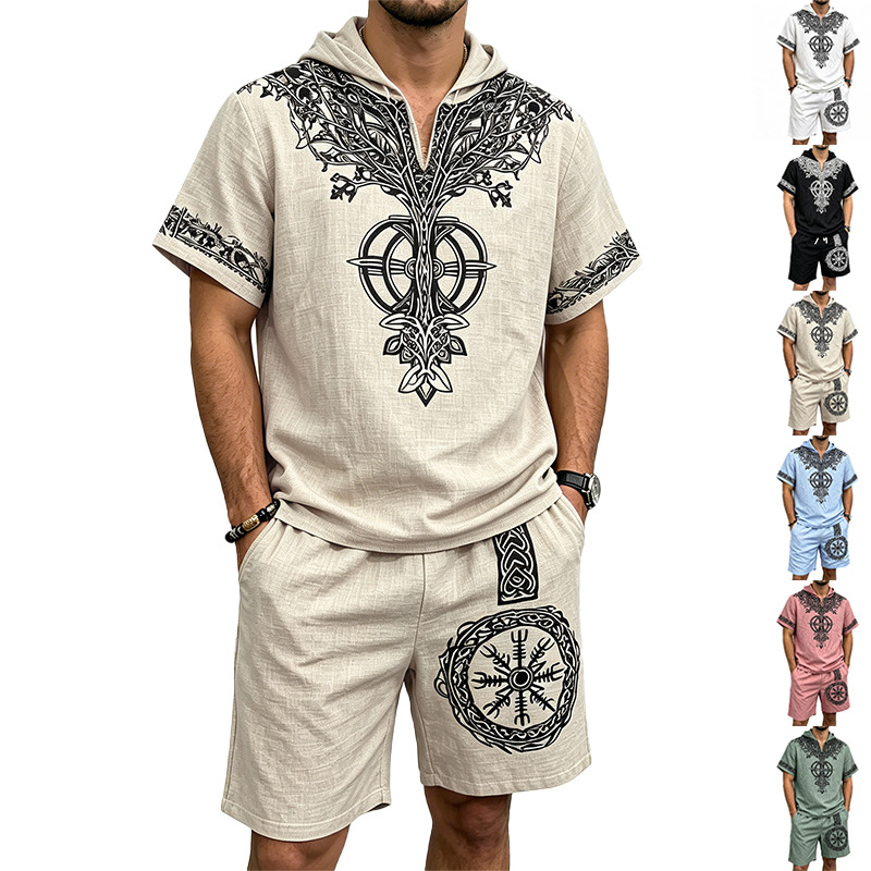 Men Linen Look Viking Tree Pri - Short Linen Drawstring 评论和价格