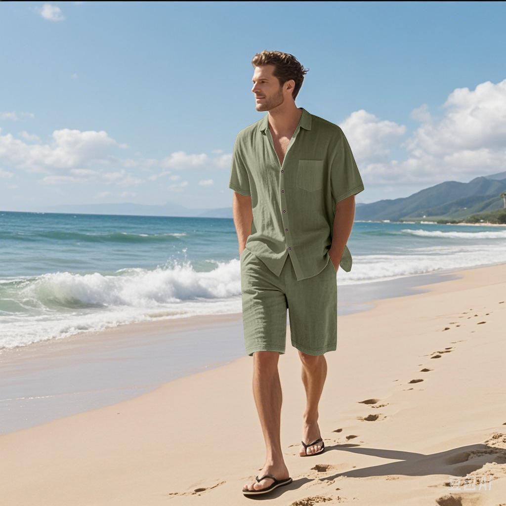 Men Linen Textured Two-Piece S - Linen Shirt Breathable 评论和价格